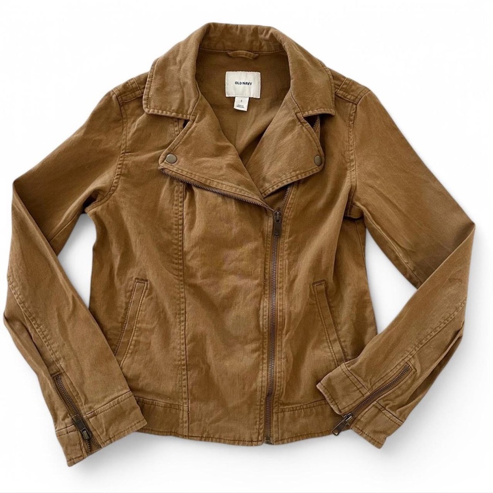 Old Navy Twill Moto Jacket Sz‎ S Ochre Brown Zip Front Waist Length Casual EUC